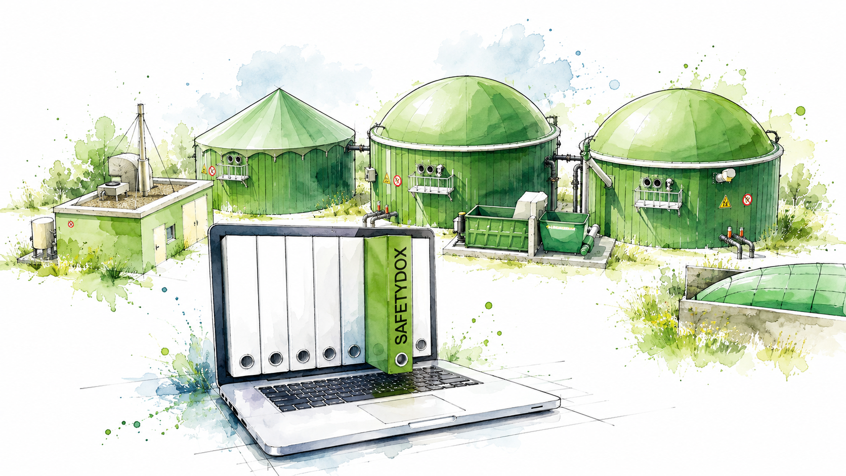 Biogasanlage mit Laptop und Dokumentenordnern